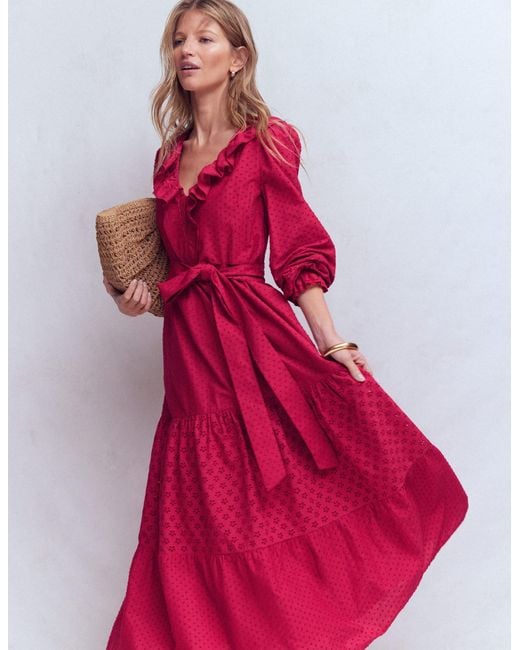 Boden Red Ruffle Front Cotton Dress