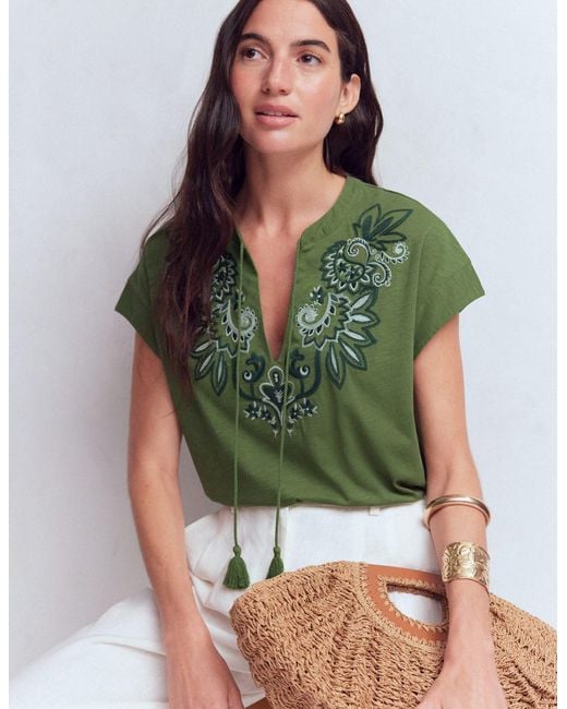 Boden Green Nina Embroidered Notch T-Shirt