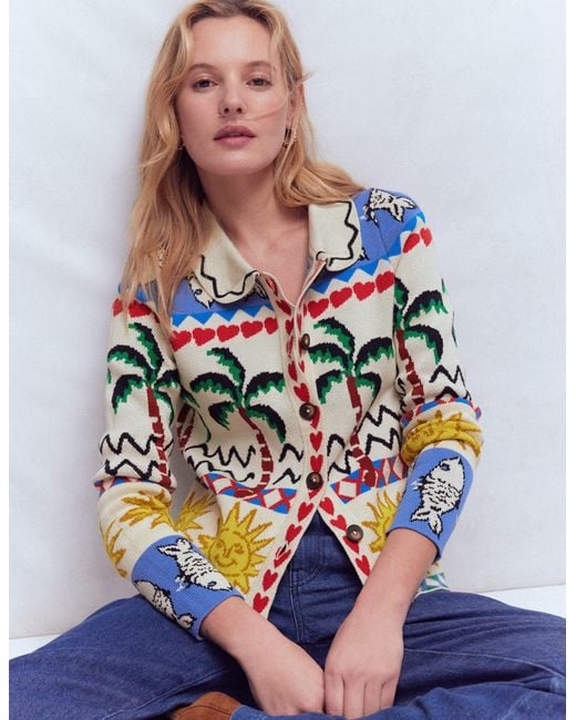 Boden Blue Jacquard Knitted Shacket Warm Ivory, Novelty