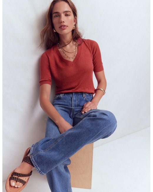 Boden Red Agnes Linen V Neck T-Shirt