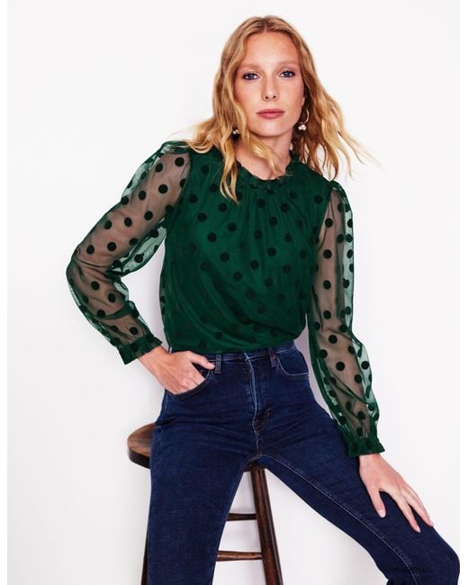 Boden Green Tulle Blouson Sleeve Top