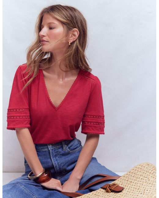 Boden Red Poppy Trim V Neck T-Shirt