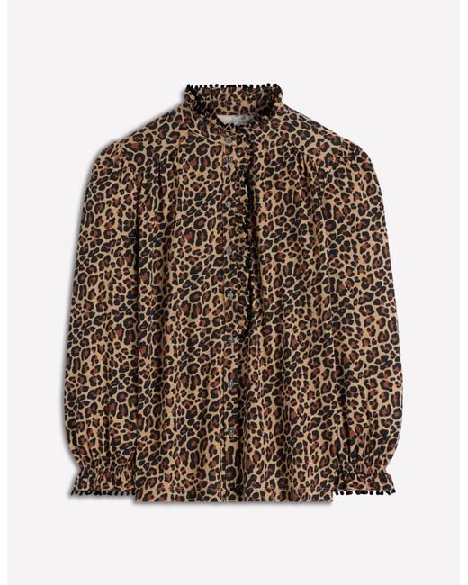 Boden Brown Emily Pom Detail Ruffle Shirt-Camel, Cheetah Pop