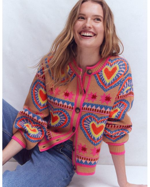 Boden Multicolor Abi Jacquard Cardigan-Camel Melange, Hearts