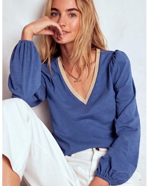 Boden Blue Metallic Trim Long Sleeve Top