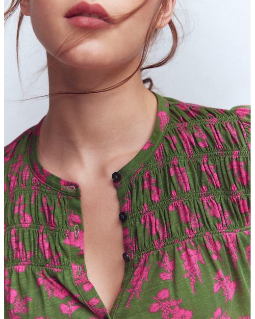 Boden Brown Mya Smocked Jersey Shirt-Salsa, Decorative Blossom