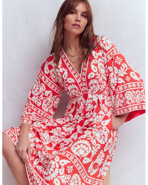 Boden Red Nell Kimono Midi Jersey Dress-Bright Cherry, Ornate Floret