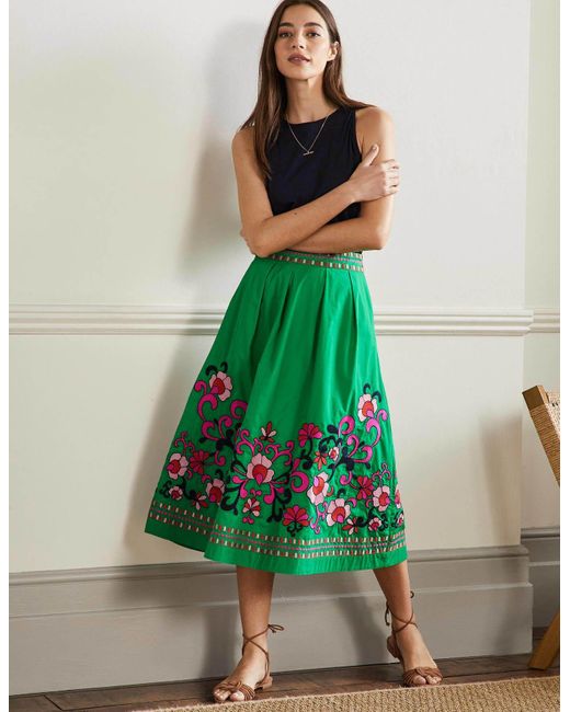 Boden Green Embroidered Full Cotton Skirt Rich Emerald