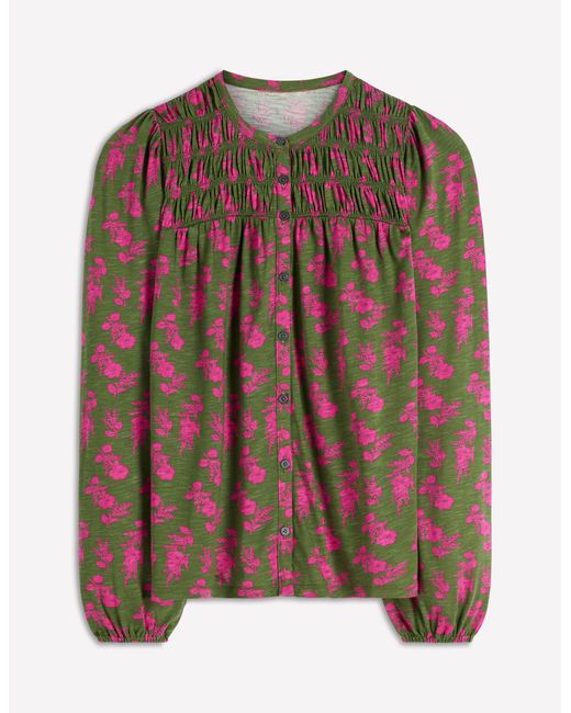 Boden Brown Mya Smocked Jersey Shirt-Salsa, Decorative Blossom