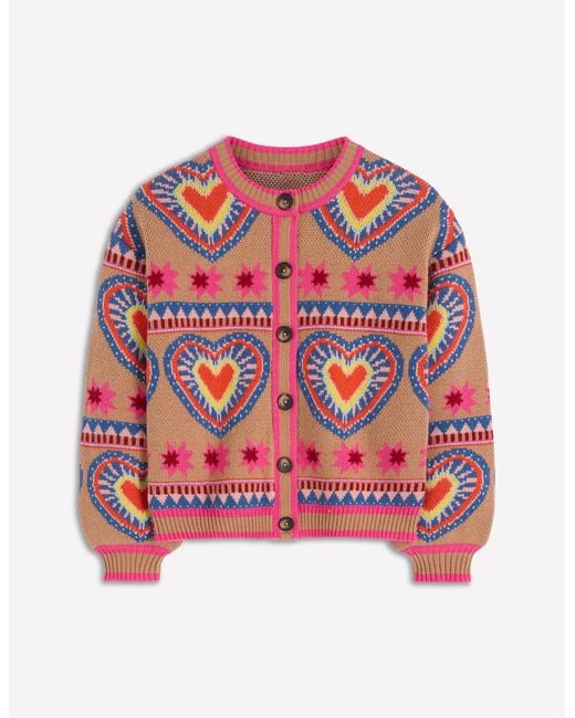 Boden Multicolor Abi Jacquard Cardigan-Camel Melange, Hearts