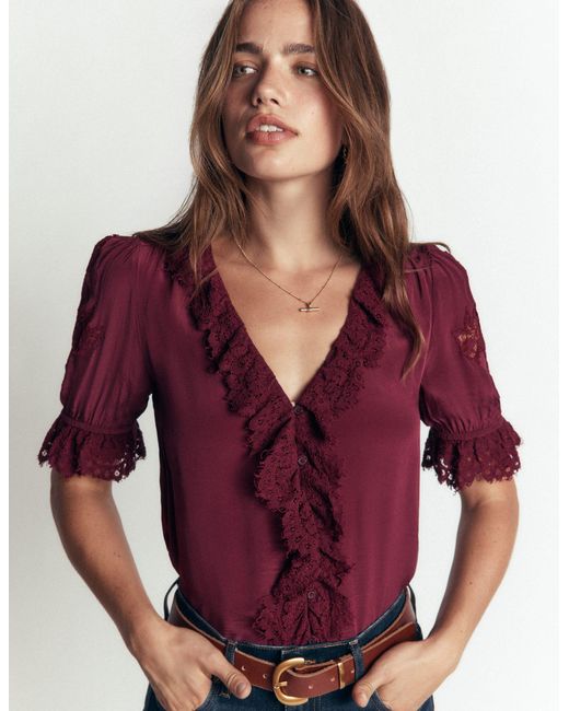 Boden Purple Ruffle V-Neck Lace Top
