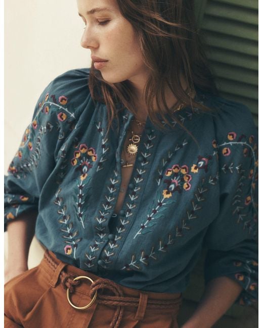 Boden Blue Raglan Embroidered Top