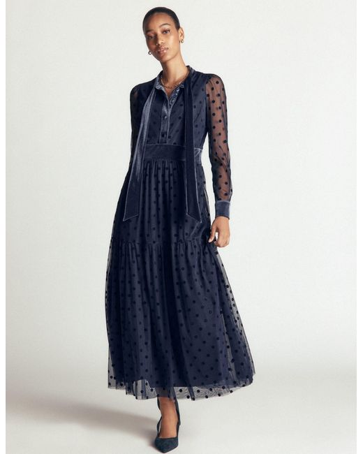 Boden Blue Tie Neck Tiered Tulle Dress