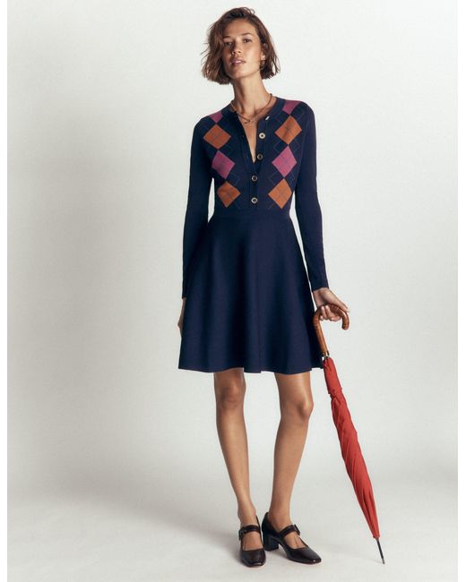 Boden Blue Crew Neck Jacquard Dress