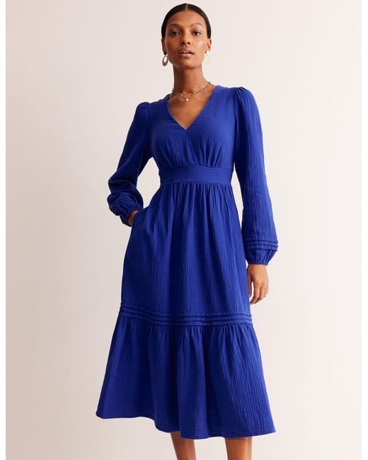 Boden Blue Eve Sleeved Double Cloth Dress-Mazarine