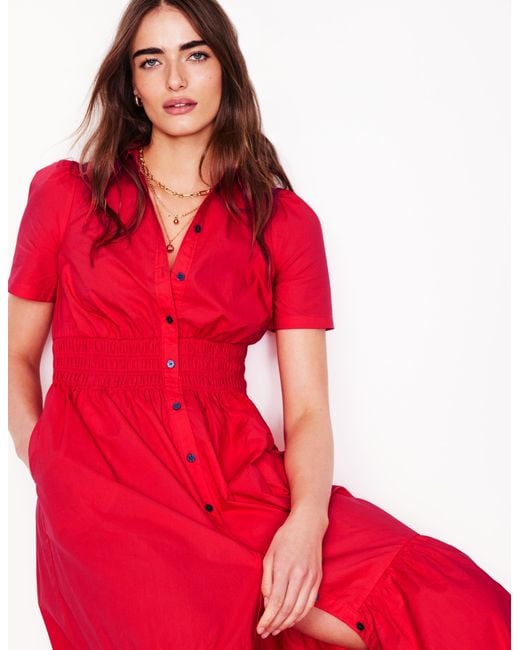 Boden Red Jane Smocked Shirt Dress