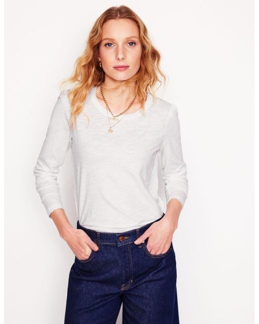Boden White Cotton Crew Long Sleeve Top