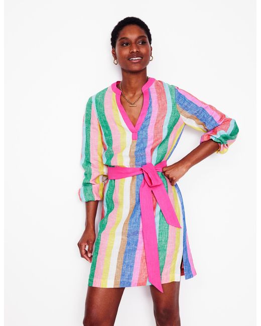 Robe Cleo Nouée À La Taille En Lin-Rayé Arc-En-Ciel Vif Boden en coloris White
