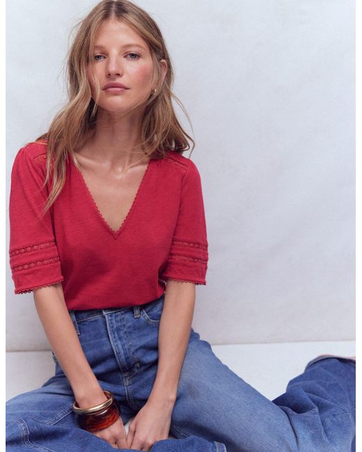 Boden Red Poppy Trim V Neck T-Shirt