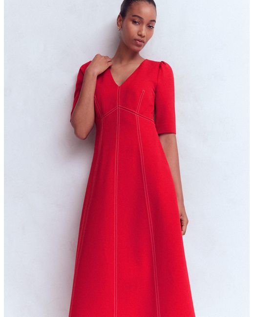Boden Red Puff Sleeve Ponte Midi Dress