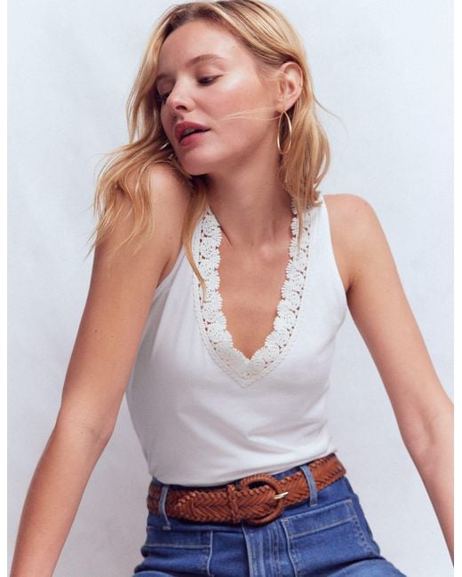 Boden White Flora Lace Trim Supersoft Tank Top