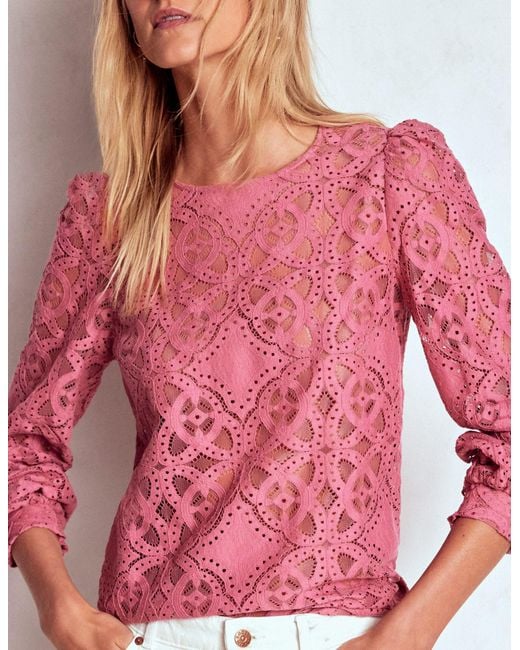 Boden Pink Lace Crew Neck Top