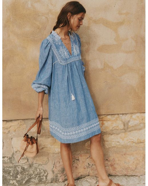 Boden Blue Pia Linen Yoke Tassel Dress