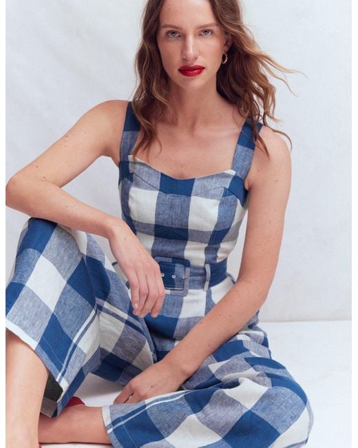 Boden Blue Panelled Bodice Linen Jumpsuit