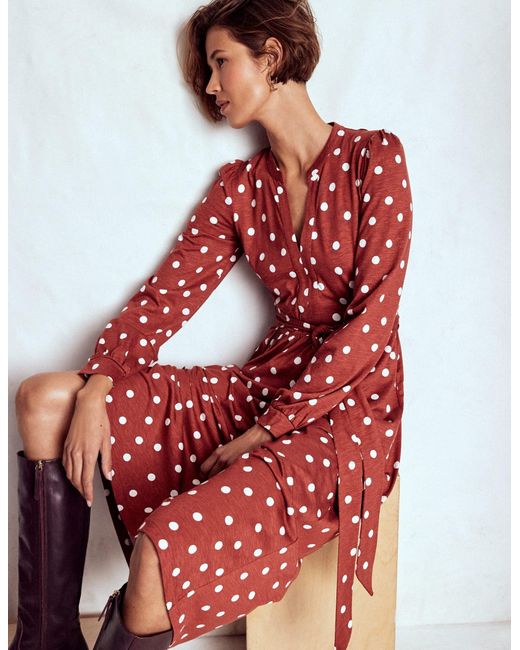 Boden Women's Red Naomi Long Sleeve Jersey Dress Burnt, Painted Dot