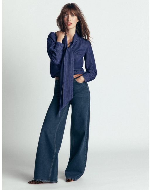 Boden Blue Clara Tie Neck Denim Top