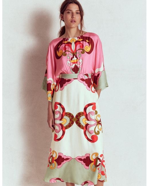 Boden Red Flute Sleeve Midi Dress- Rose, Ornate Reflection
