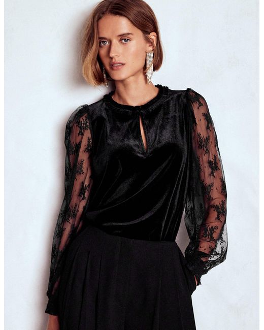 Boden Black Mixed Media Puff Velvet Top