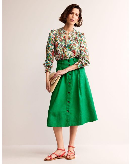 Boden Green Petra Linen Midi Skirt