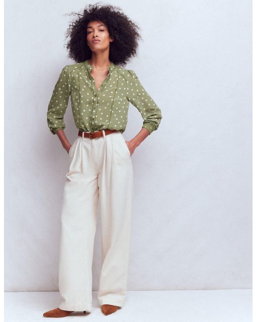 Boden Green Rhea Trim Detail Silk Top-Larch, Painted Dot
