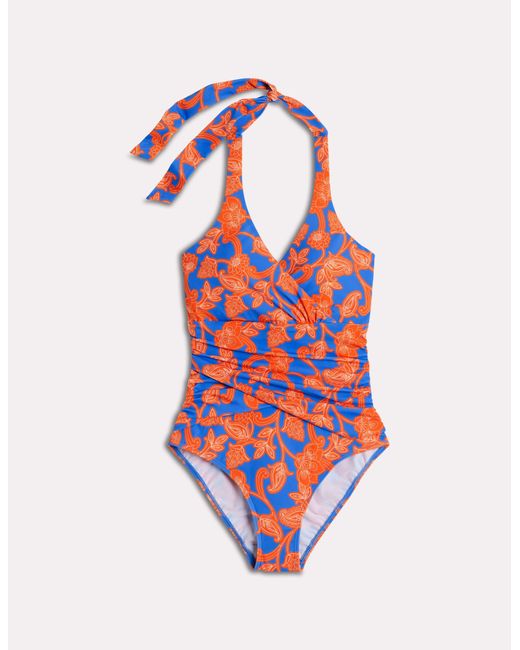 Boden Pink Halter Ruched Swimsuit Bright Papaya