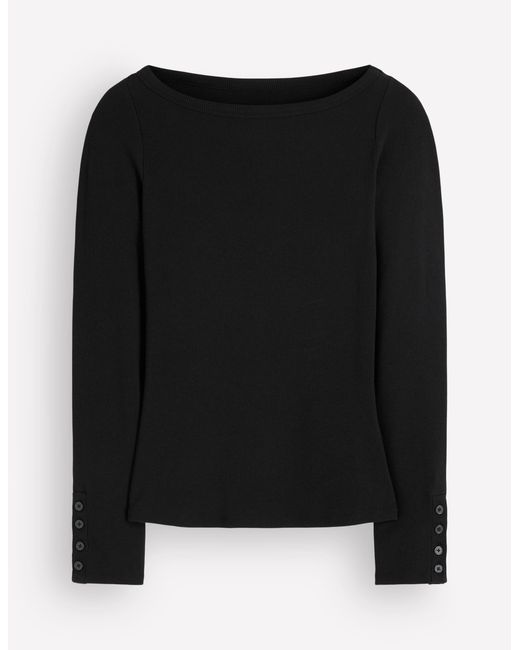 Boden Black Button Cuff Ribbed Boatneck