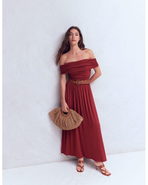 Boden Brown Ruched Bardot Maxi Dress