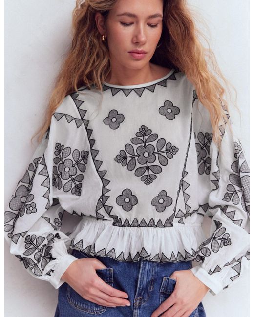 Boden Brown Embroidered Holiday Top
