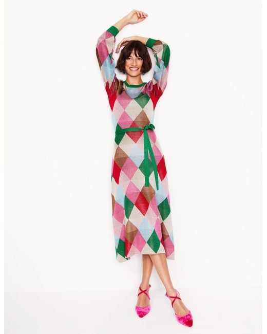 Boden Red Crew Metallic Jacquard Dressmulti, Argyle
