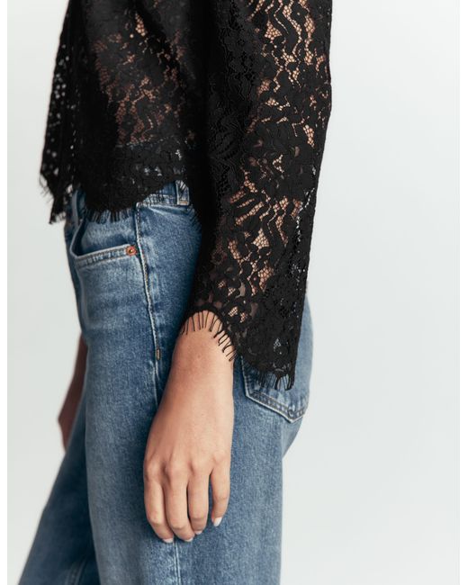 Boden Black Lace Puff Sleeve Top