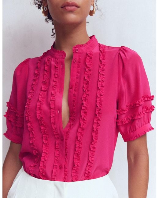 Boden Red Short Sleeve Silk Ruffle Top