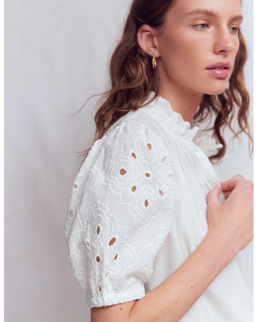 Boden White Cutwork Puff Sleeve Top