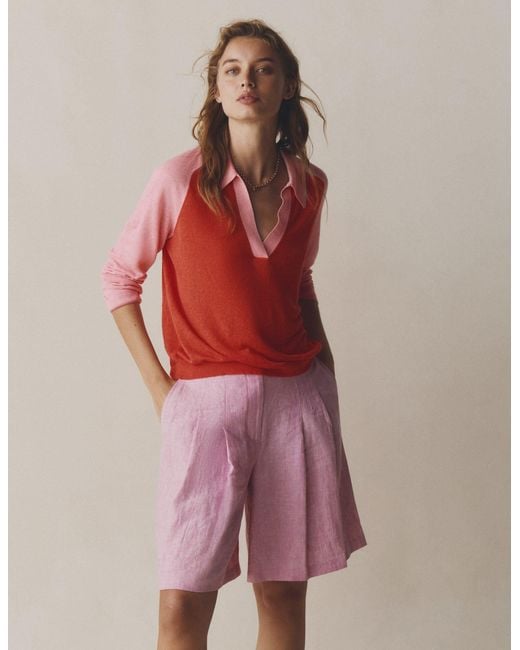 Boden Red Highbury Pleated Linen Shorts