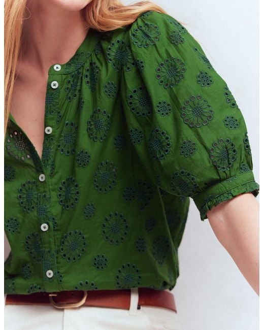Boden Green Camille Embroidered Cotton Top