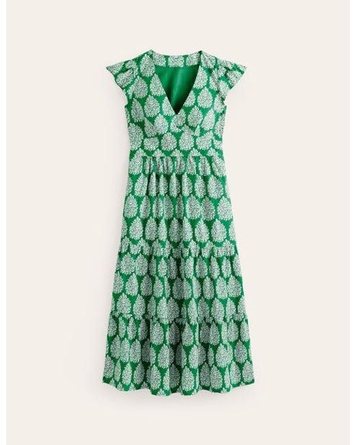 Boden May Cotton Midi Tea Dress Green Tambourine, Floret