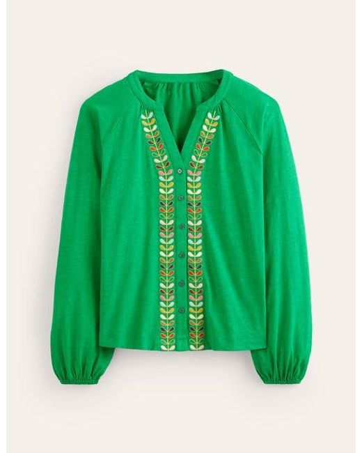 Boden Green Embroidered Detail Top