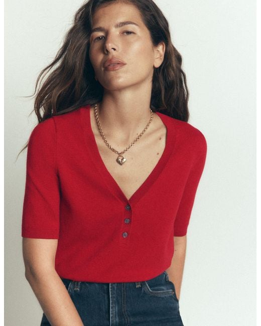 Boden Red Camilla Cotton V-Neck T-Shirt