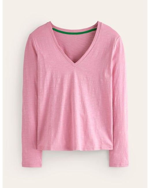 Boden Pink Cotton V-Neck Long Sleeve Top