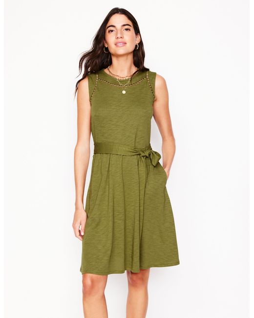 Boden Green Mila Kurzes Jerseykleid Mit Besatz-Smaragdgrün, Dahlienzweig
