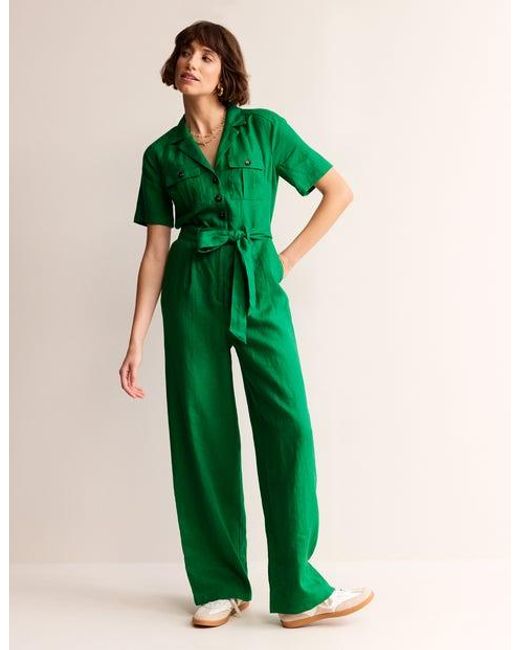 Boden Green Belted Linen Jumpsuit